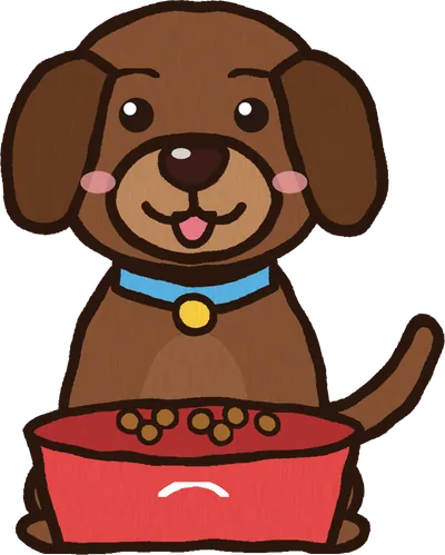 Cartoon chocolate Lab puppy behind a food bowl