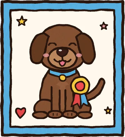 Cartoon chocolate Lab puppy in a picture frame with a prize rosette